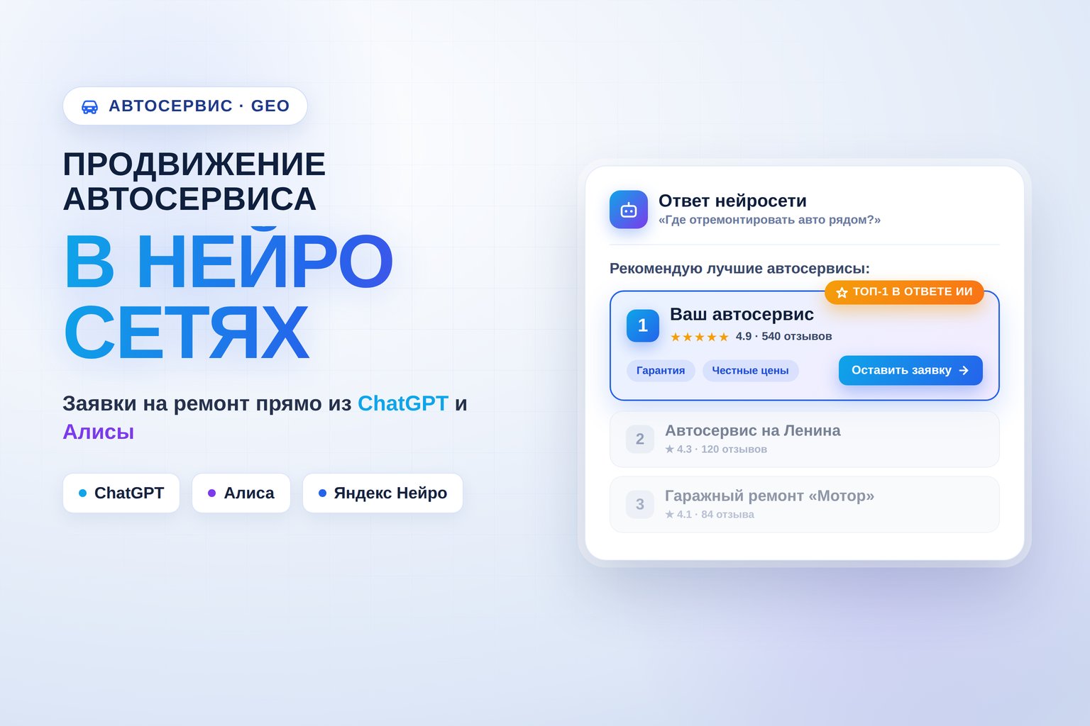 Продвижение автосервиса в нейросетях: заявки на ремонт из ChatGPT и Алисы